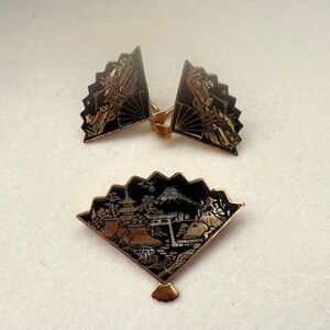 Signed Japan Vintage Black and Gold Fan Brooch and Earring SET